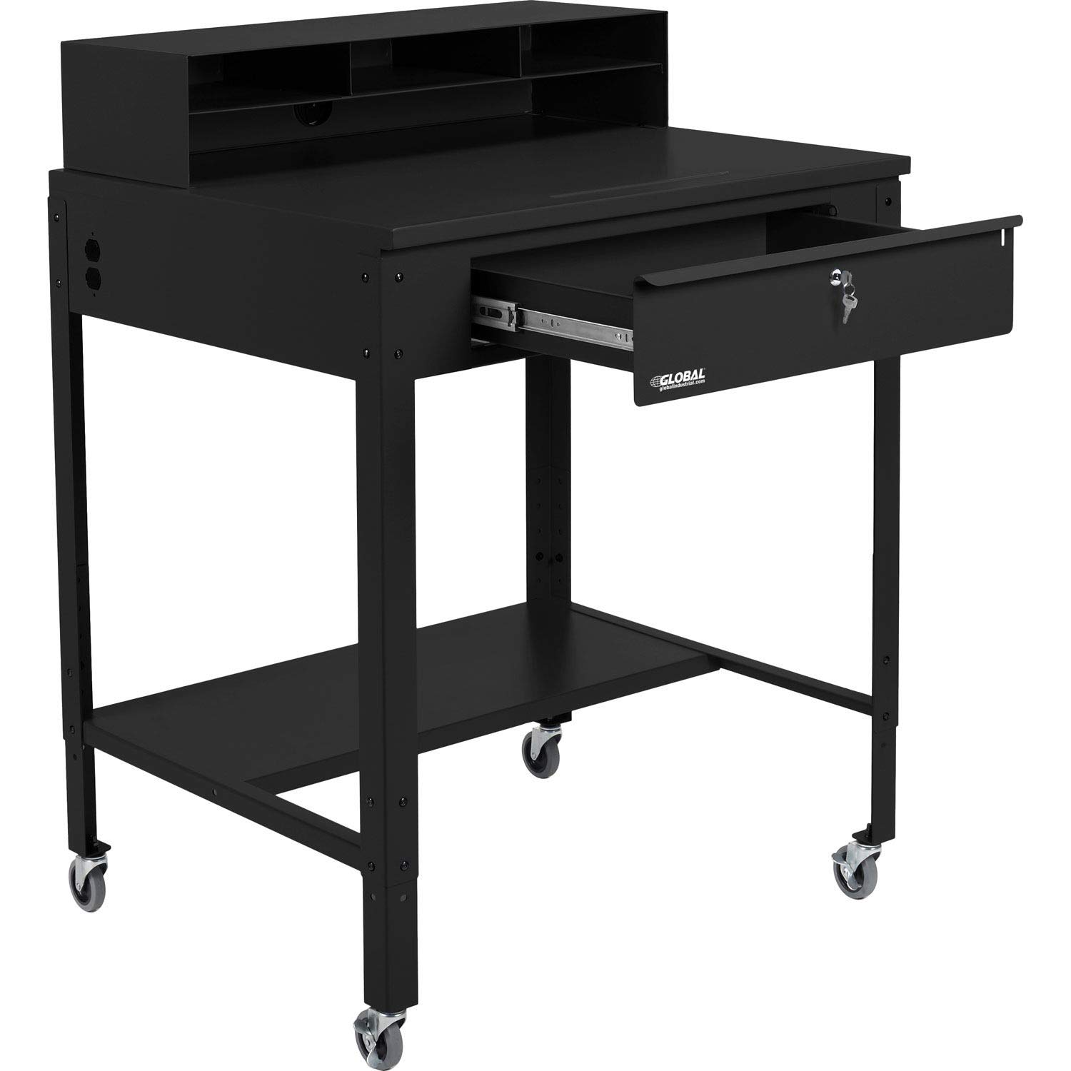 Global Industrial 34-1/2"W x 30" D x 38" H Mobile Shop Desk with Pigeonhole Compartment Riser Flat Surface, Black