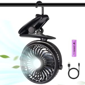 battery operated clip on camping fan with led lights, mini desk fan rechargeable 2200mah with 3 level air flow, portable personal fan for baby stroller camping home office travel indoor outdoor