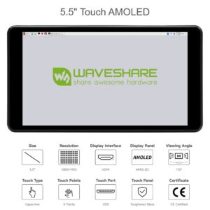 waveshare 5.5inch Capacitive Touch AMOLED Display Compatoble with Raspberry Pi 4B Comes with Protection Case 1080×1920 Resolution HDMI Toughened Glass Panel