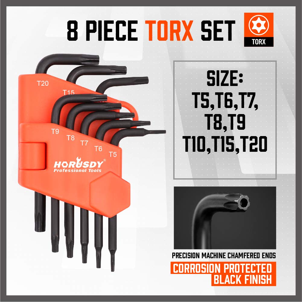 SEDY 8-Piece Mini Torx L Key Set, Tamperproof Torx Star Allen Wrench, T5, T6, T7, T8, T9, T10, T15, T20, Cr-V