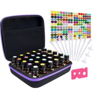 tuzazo essential oils storage, essential oils carrying case for 30 bottles 5ml 10ml 15ml, hard shell shockproof, come with bottle opener, bottle cap labels (black&purple)