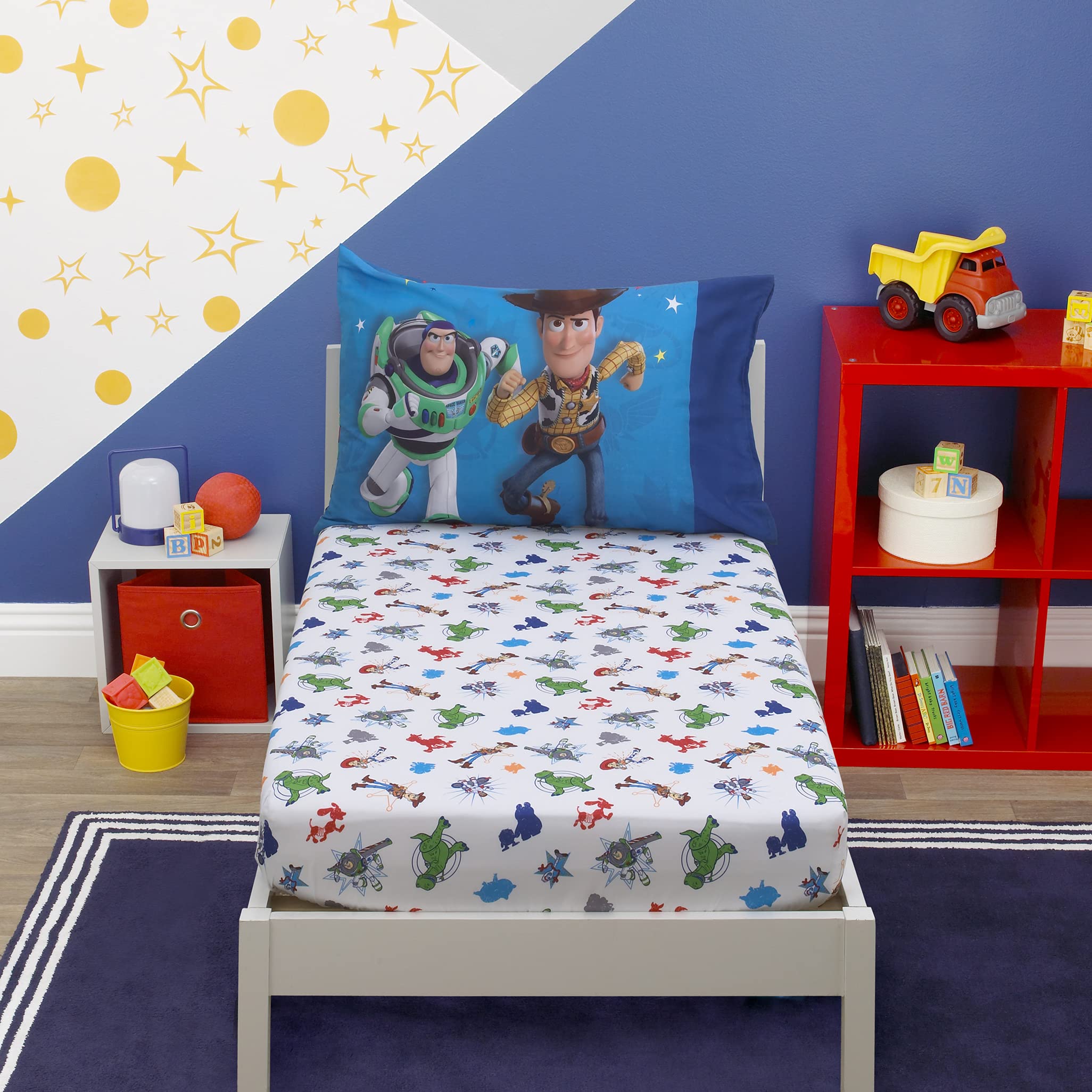 Everything Kids Disney Toy Story 4 - Blue, Green, Red 2Piece Toddler Sheet Set with Fitted Crib Sheet & Pillowcase, Blue, Green, Red, White