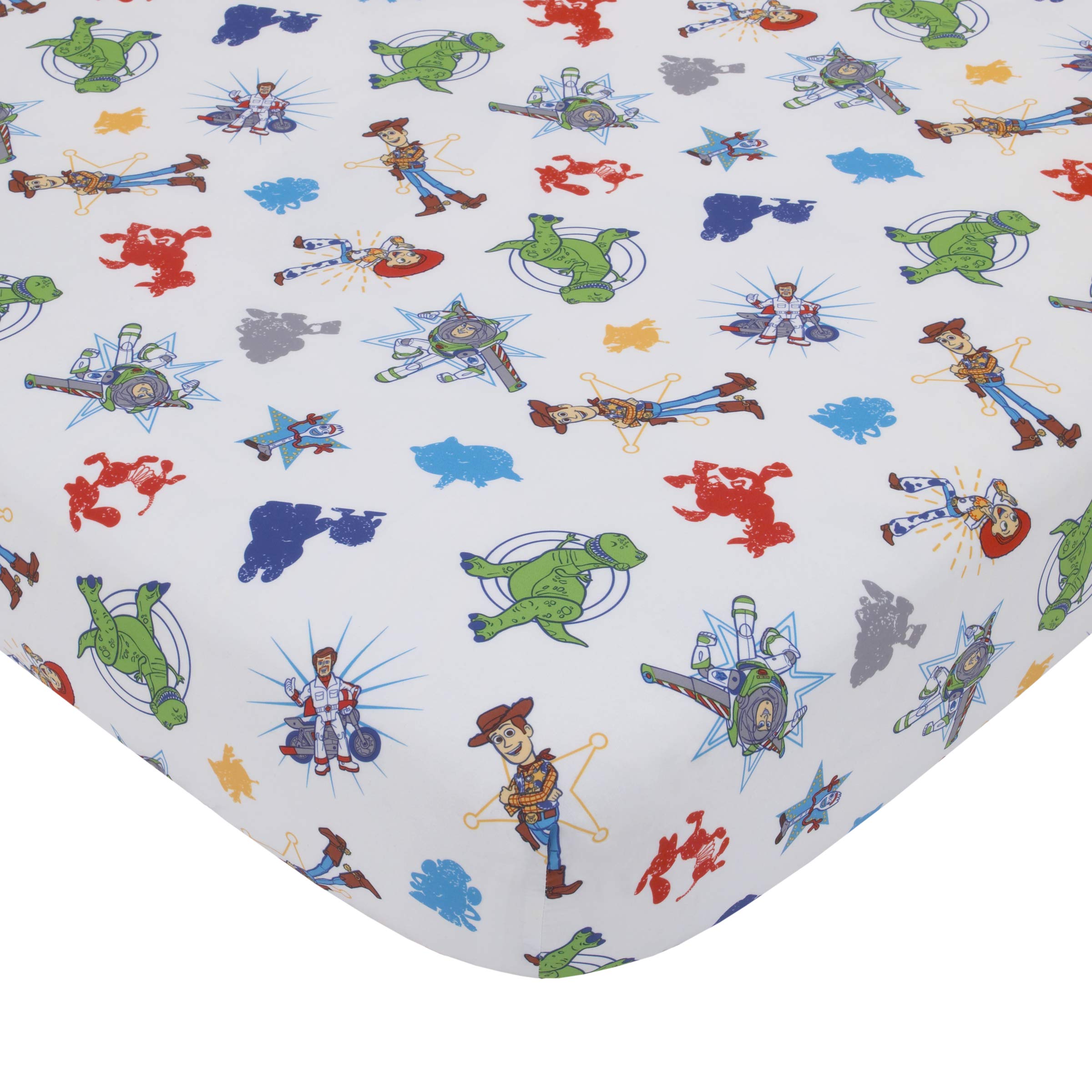 Everything Kids Disney Toy Story 4 - Blue, Green, Red 2Piece Toddler Sheet Set with Fitted Crib Sheet & Pillowcase, Blue, Green, Red, White