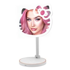 impressions vanity hello kitty tabletop mount led rechargeable makeup mirror with 360 degree rotation, touch sensor desk mirror with light strip and adjustable brightness