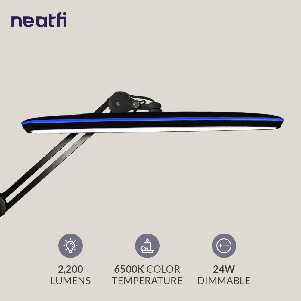 Neatfi XL 2,200 Lumens LED Task Lamp, 24W, 117 Pcs SMD LED, 23 Inches Ultra Wide Lamp, 4 Level Brightness Dimmable, Eye-Caring LED Lamp, Glare Free (Non-CCT with Clamp, Black)