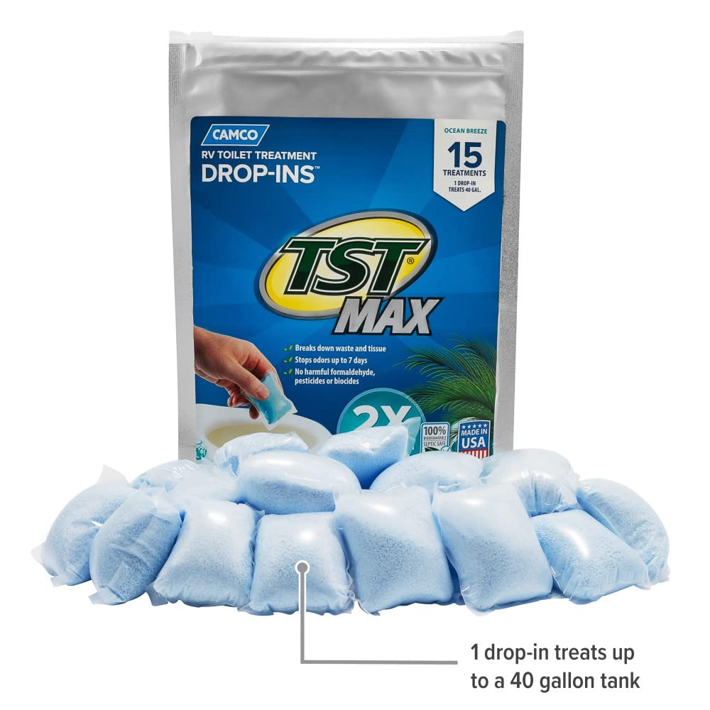 Camco TST MAX RV Toilet Treatment Drop-INs | Control Unwanted Odors and Break Down Waste and Tissue | Septic Tank Safe | Ocean Breeze Scent | 15-pack (41614)