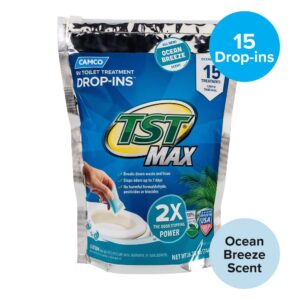 Camco TST MAX RV Toilet Treatment Drop-INs | Control Unwanted Odors and Break Down Waste and Tissue | Septic Tank Safe | Ocean Breeze Scent | 15-pack (41614)