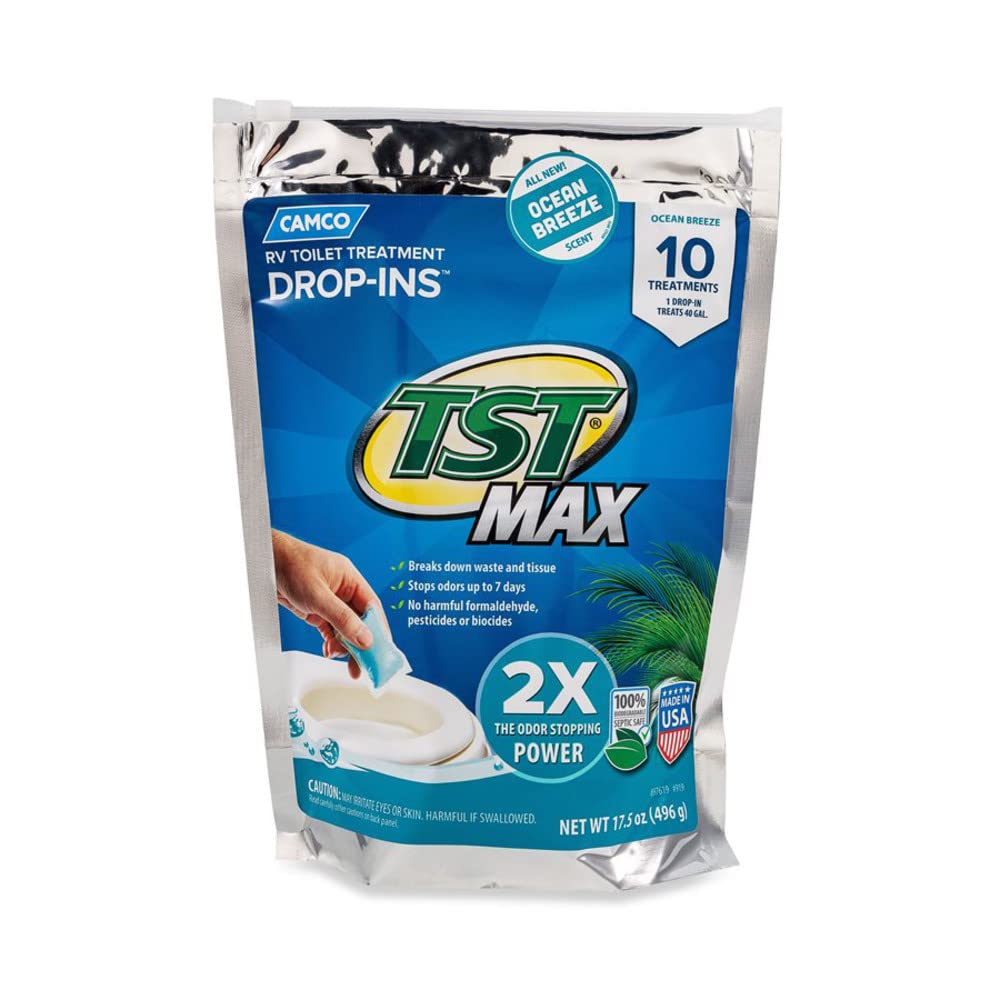 Camco TST MAX RV Toilet Treatment Drop-INs | Control Unwanted Odors and Break Down Waste and Tissue | Septic Tank Safe | Ocean Breeze Scent | 10-pack (41613)