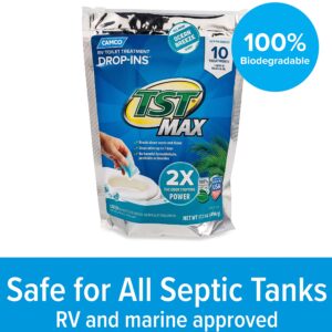 Camco TST MAX RV Toilet Treatment Drop-INs | Control Unwanted Odors and Break Down Waste and Tissue | Septic Tank Safe | Ocean Breeze Scent | 10-pack (41613)