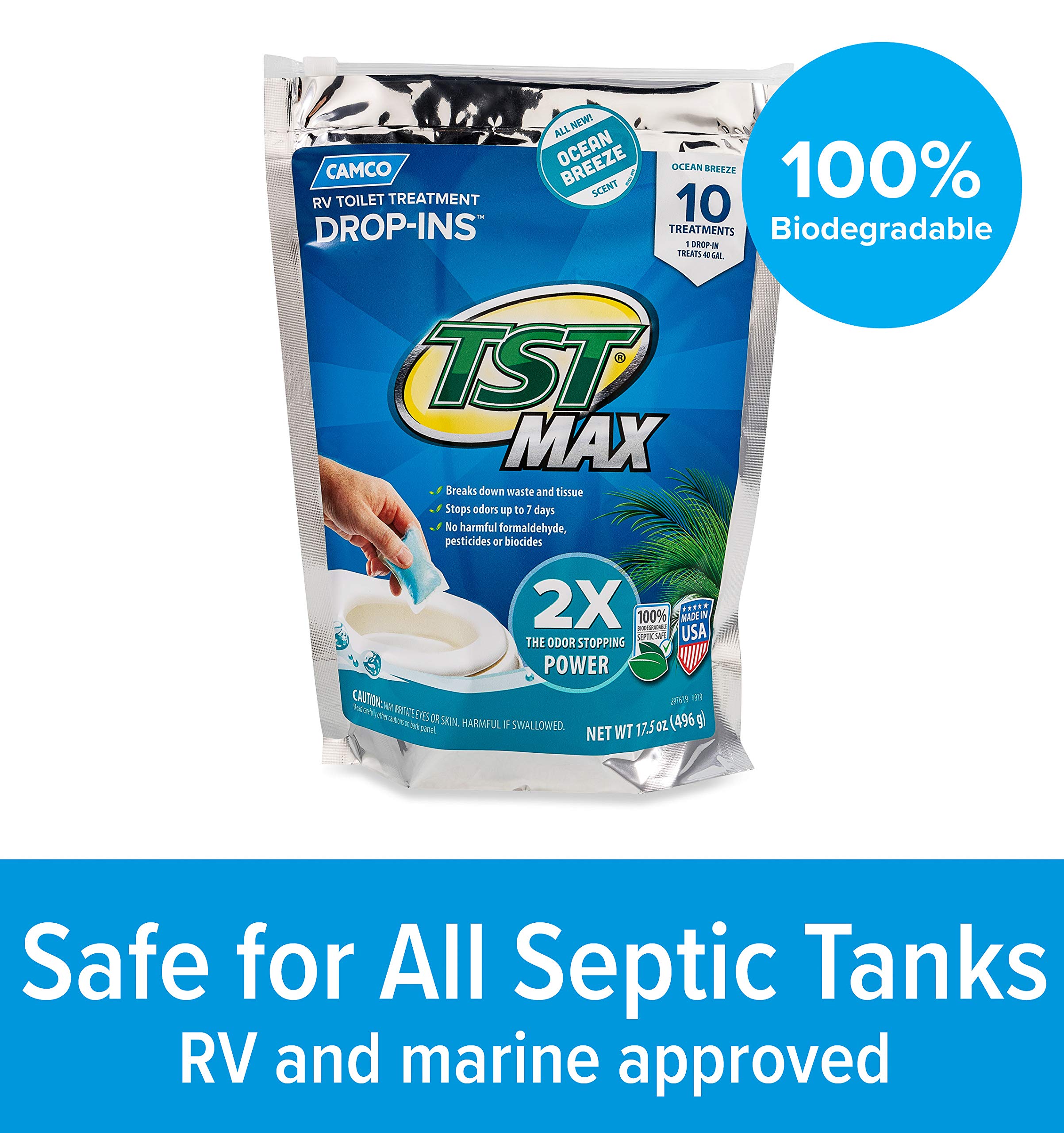 Camco TST MAX RV Toilet Treatment Drop-INs | Control Unwanted Odors and Break Down Waste and Tissue | Septic Tank Safe | Ocean Breeze Scent | 10-pack (41613)