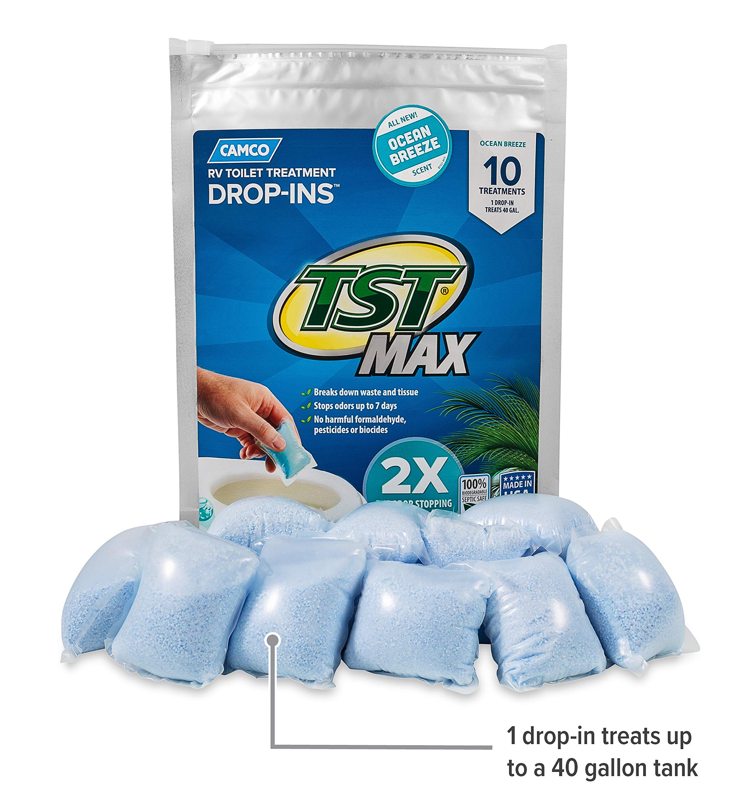 Camco TST MAX RV Toilet Treatment Drop-INs | Control Unwanted Odors and Break Down Waste and Tissue | Septic Tank Safe | Ocean Breeze Scent | 10-pack (41613)