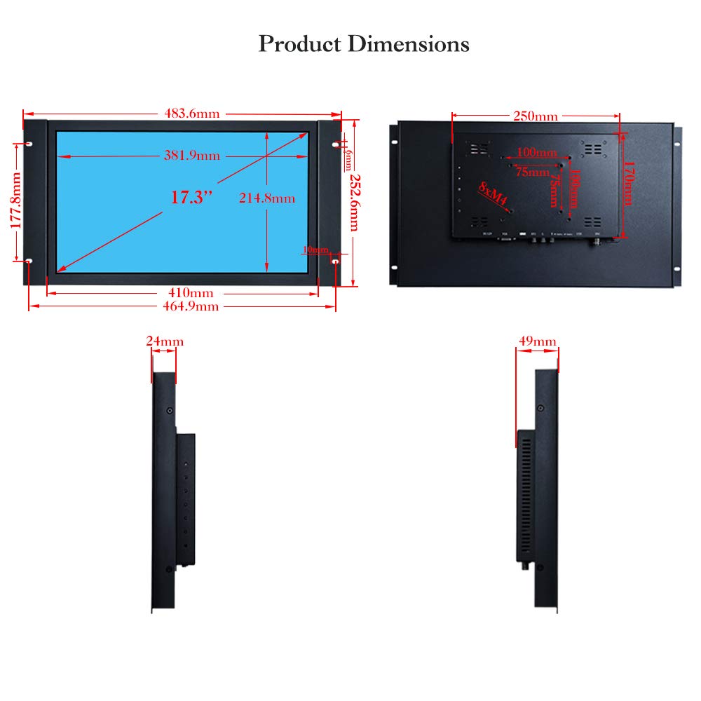 iChawk 17.3'' inch PC Monitor 1920x1080 16:9 Widescreen HDMI-in VGA USB Built-in Speaker Metal Shell Embedded Open Frame Wall-mounted Industrial Four-wire Resistive Touch LCD Screen Display K173MT-59R