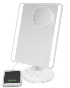 ihome 7" x 9" reflect icvbt22w adjustable vanity mirror with bonus 10x mirror, bluetooth audio, hands-free speakerphone, led lighting, siri & google support usb charging, (white, 7" x 9")