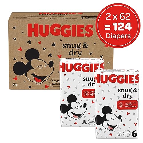 Huggies Size 6 Diapers, Snug & Dry Baby Diapers, Size 6 (35+ lbs), 124 Count (2 packs of 62), Packaging May Vary