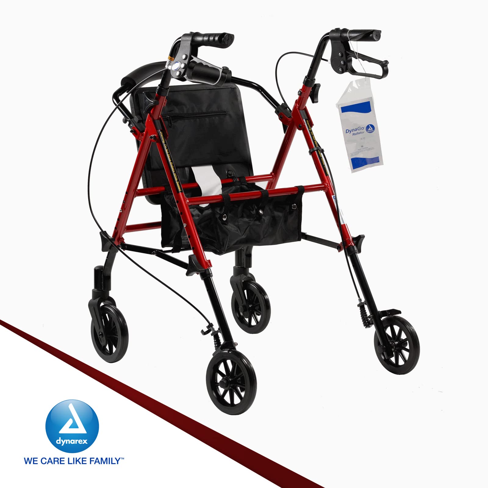 Dynarex DynaGo Flex Rollator - Foldable, Portable, Stand-Up Rolling Walker - 6” Wheels, Adjustable Seat Height & 300 lb. Weight Capacity, Red Frame, 1 Rollator