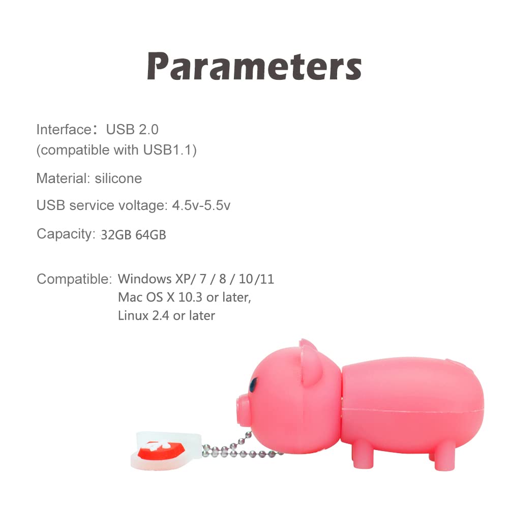 64GB USB Flash Drive Cute Pink Piggy Model Memory Stick, BorlterClamp Lovely Thumb Drive Pen Drive Gifts for Friends and Children