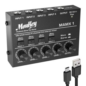 moukey mini audio mixer line mixer, dc 5v, 4-stereo ultra, low-noise 4-channel for sub-mixing, for small clubs or bars, as guitars, bass, keyboards mixer, 2021 new version-mamx1