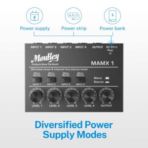 Moukey Mini Audio Mixer Line Mixer, DC 5V, 4-Stereo Ultra, Low-Noise 4-Channel for Sub-Mixing, for Small Clubs or Bars, As Guitars, Bass, Keyboards Mixer, 2021 New Version-MAMX1