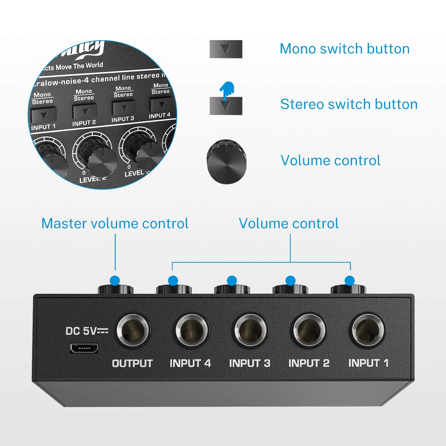 Moukey Mini Audio Mixer Line Mixer, DC 5V, 4-Stereo Ultra, Low-Noise 4-Channel for Sub-Mixing, for Small Clubs or Bars, As Guitars, Bass, Keyboards Mixer, 2021 New Version-MAMX1