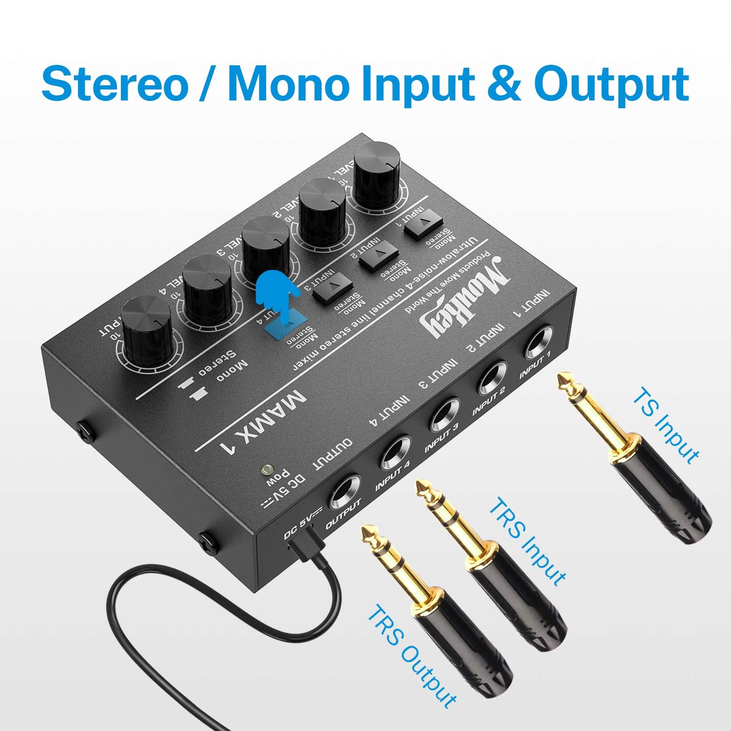 Moukey Mini Audio Mixer Line Mixer, DC 5V, 4-Stereo Ultra, Low-Noise 4-Channel for Sub-Mixing, for Small Clubs or Bars, As Guitars, Bass, Keyboards Mixer, 2021 New Version-MAMX1