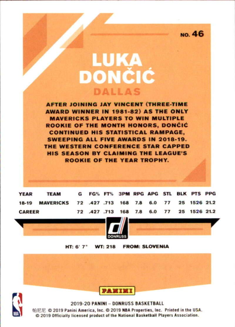 2019-20 Donruss Basketball #46 Luka Doncic Dallas Mavericks Official NBA Trading Card by Panini America