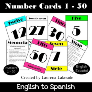 number cards: numbers 1 to 50 – english & spanish written numbers: wall display