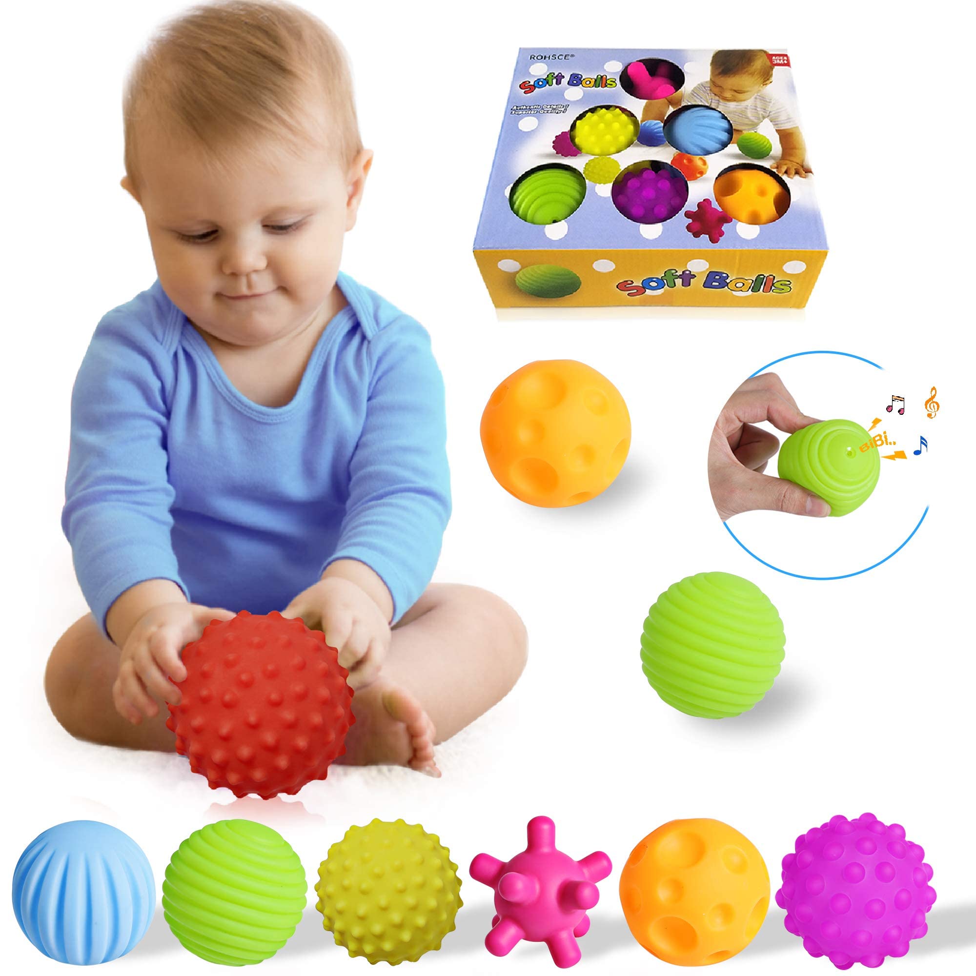 ROHSCE Sensory Ball for Babies 6 to 12 Months, Baby Balls for Toddlers 1-3 Massage Stress Relief, Textured Multi Sensory Balls Gift Sets, Montessori Sensory Toys 6 Spikey Squeeze Ball for Infant Kids