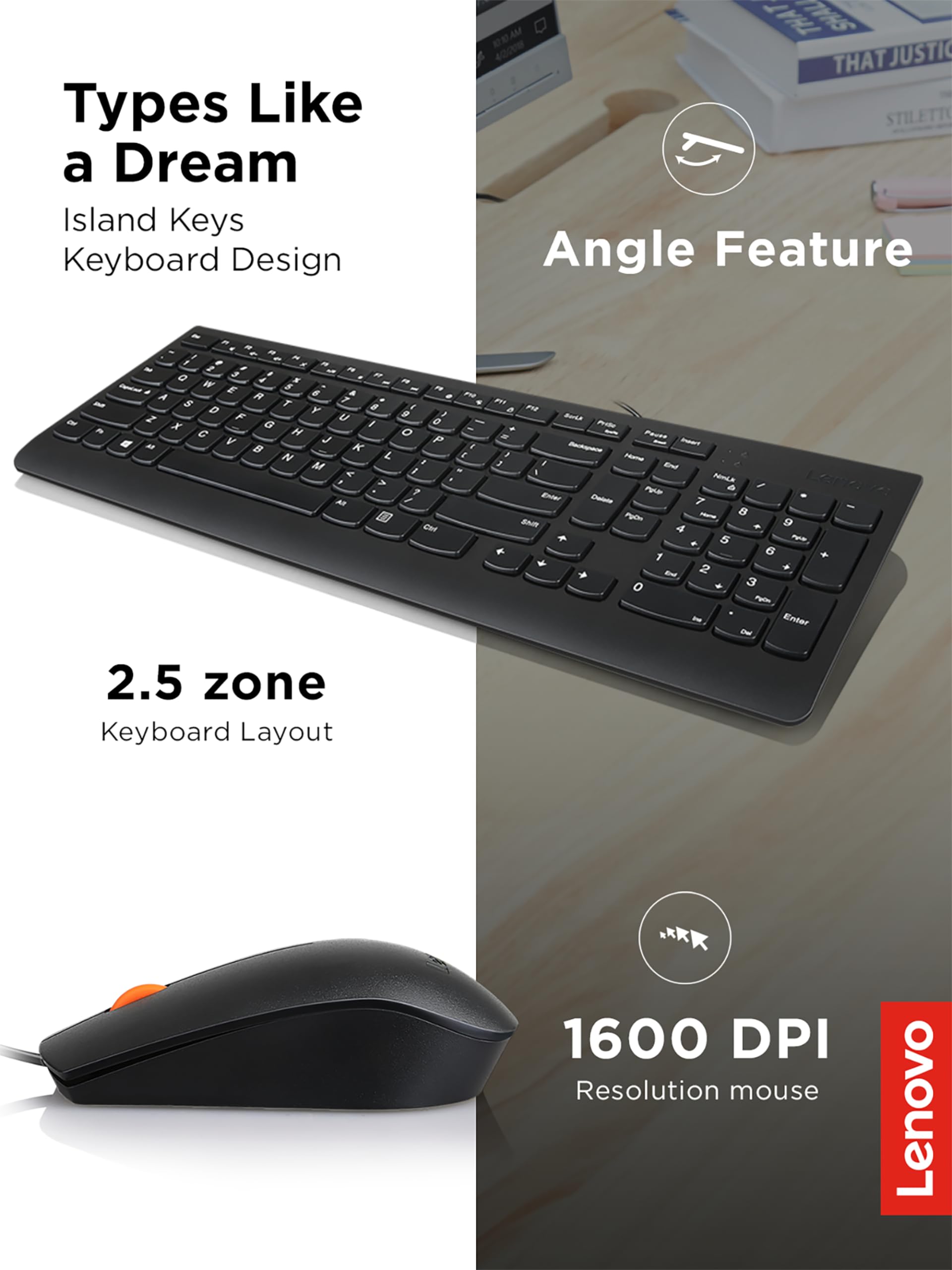 Lenovo 300 USB Combo, Full-Size Wired Keyboard & Mouse, Ergonomic, Left or Right Hand Mouse, Optical Mouse, GX30M39606, Black