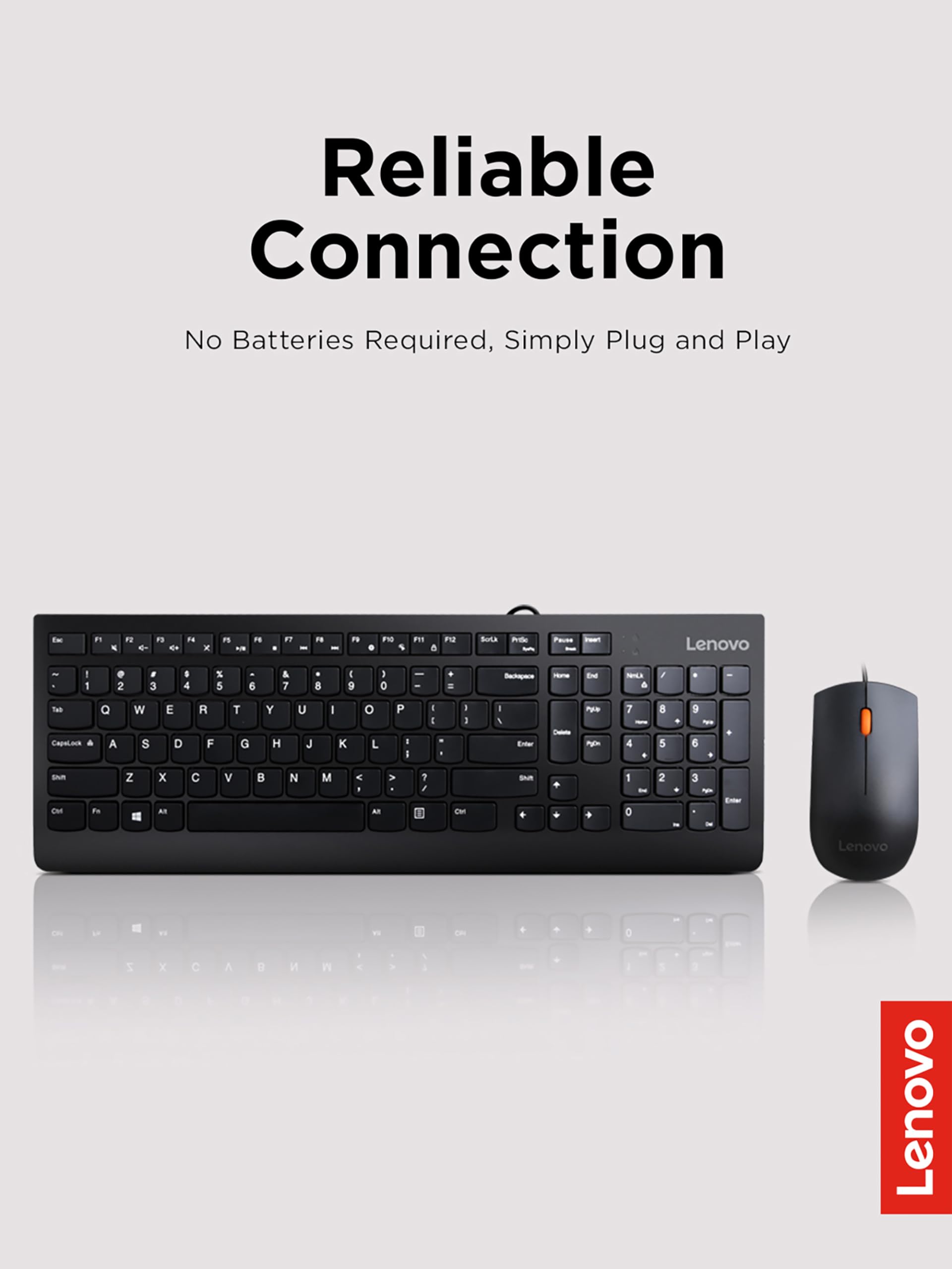 Lenovo 300 USB Combo, Full-Size Wired Keyboard & Mouse, Ergonomic, Left or Right Hand Mouse, Optical Mouse, GX30M39606, Black