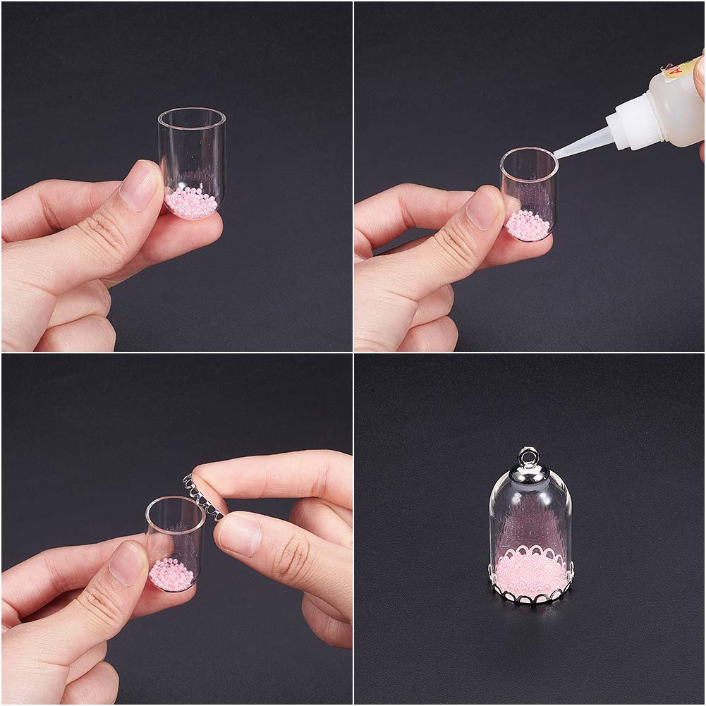 PH PandaHall 20 Sets 0.7 x 1.2 Inch Tube Clear Glass Globe Bottle Hanging Pendant Wish Bottles with Silver Alloy Cap and Bottoms for Earring Necklace Pendant Jewelry Making