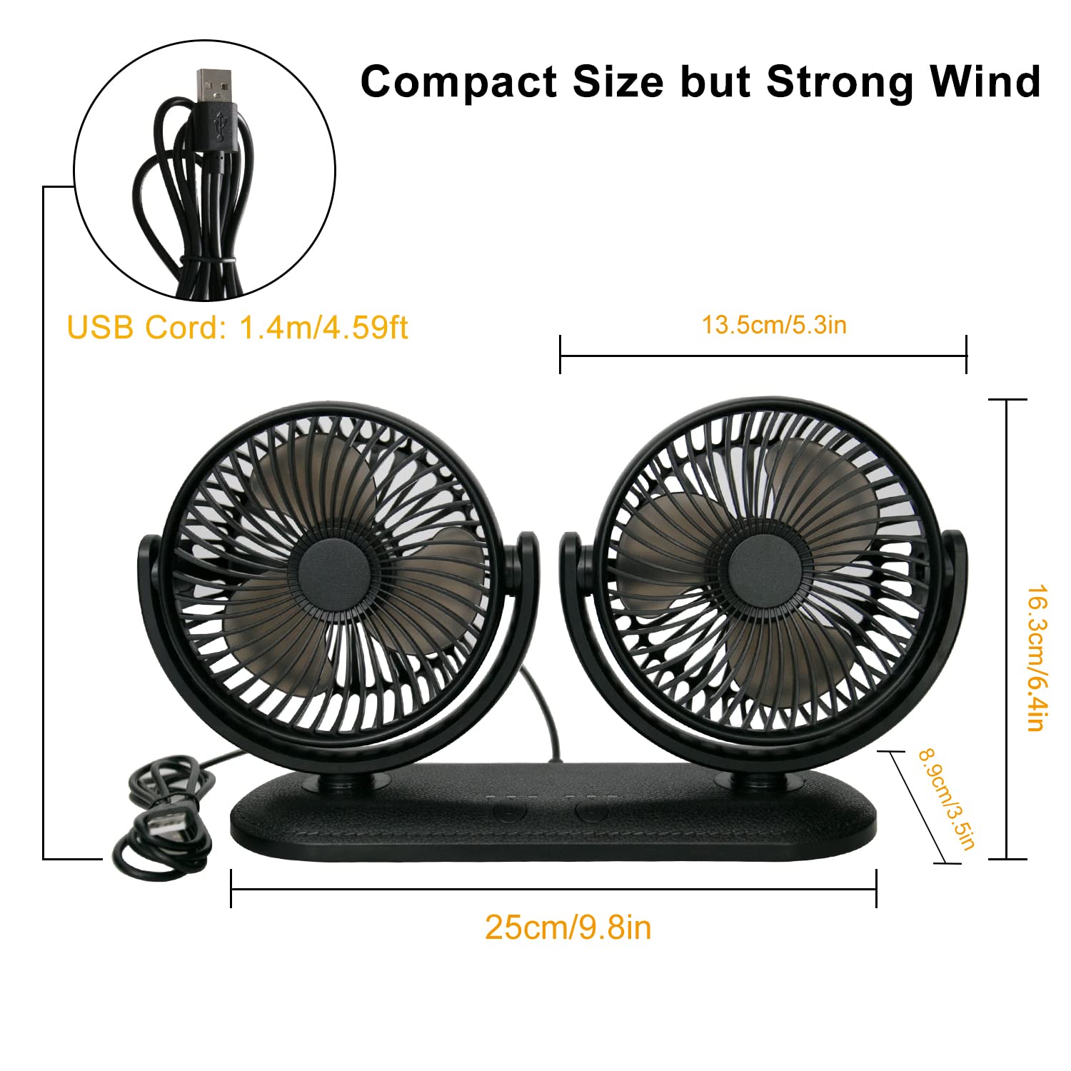 TriPole Car Fan Portable Dual Head Electric Vehicle Mounted USB 300 Degree Rotation Auto Cooling Fan 3 Speed Strong Wind Desk Fan for Dashboard SUV RV Truck Sedan Home Office