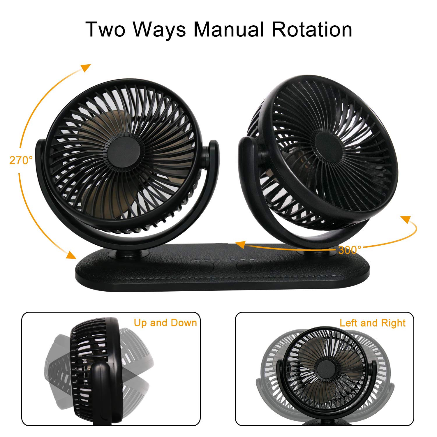 TriPole Car Fan Portable Dual Head Electric Vehicle Mounted USB 300 Degree Rotation Auto Cooling Fan 3 Speed Strong Wind Desk Fan for Dashboard SUV RV Truck Sedan Home Office