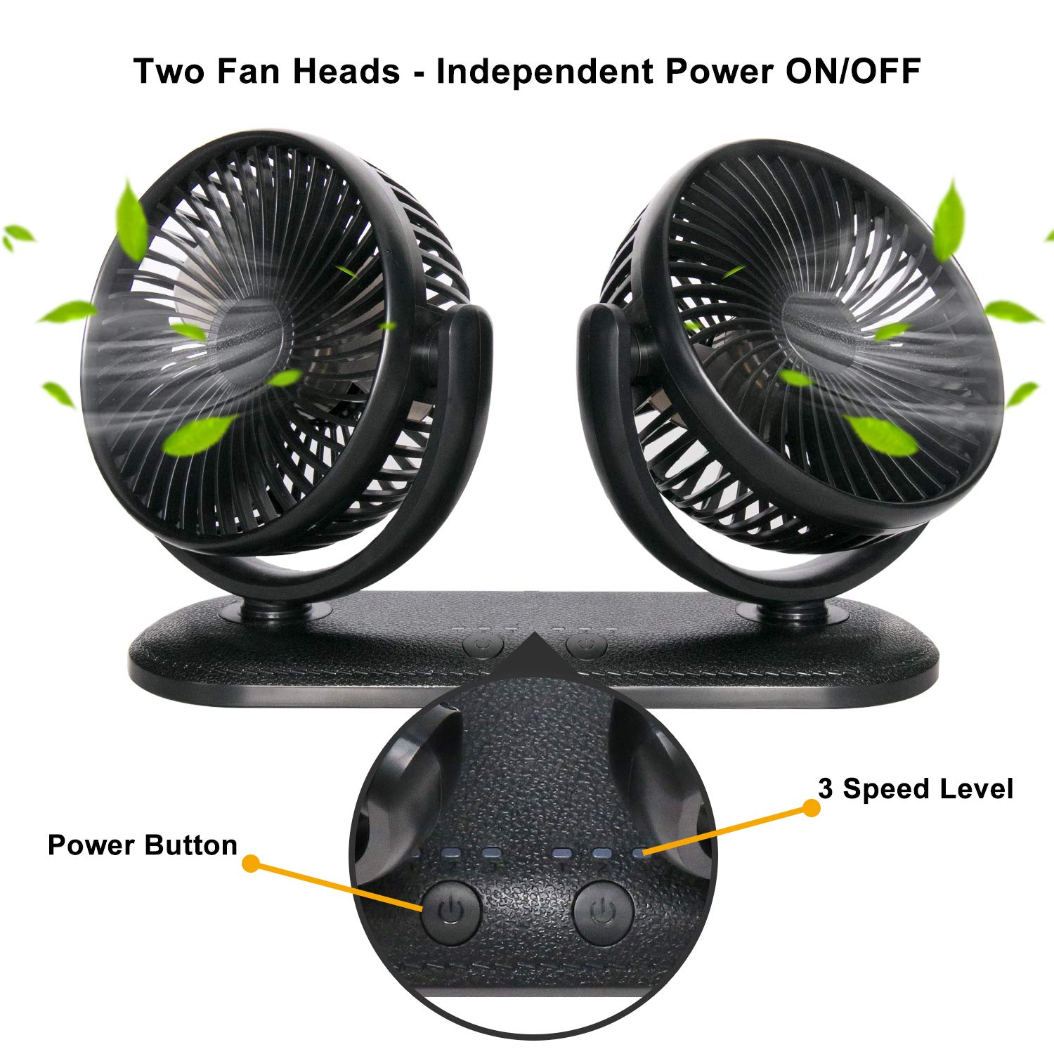 TriPole Car Fan Portable Dual Head Electric Vehicle Mounted USB 300 Degree Rotation Auto Cooling Fan 3 Speed Strong Wind Desk Fan for Dashboard SUV RV Truck Sedan Home Office