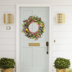 Martine Mall 22 Inch Daisy and Lavender Wreath Wildflower Spring Summer Wreath Floral Wreath Artificial Flower with Berry Wreath for Front Door Garden Party Wedding Home Decor