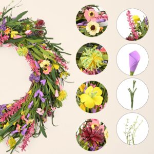 Martine Mall 22 Inch Daisy and Lavender Wreath Wildflower Spring Summer Wreath Floral Wreath Artificial Flower with Berry Wreath for Front Door Garden Party Wedding Home Decor