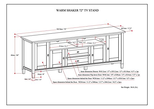 SIMPLIHOME Warm Shaker SOLID WOOD Universal TV Media Stand, 72 inch Wide, Farmhouse Rustic, Living Room Entertainment Center, Storage Shelves and Cabinets, for Flat Screen TVs up to 80 inches in White