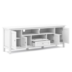 SIMPLIHOME Warm Shaker SOLID WOOD Universal TV Media Stand, 72 inch Wide, Farmhouse Rustic, Living Room Entertainment Center, Storage Shelves and Cabinets, for Flat Screen TVs up to 80 inches in White