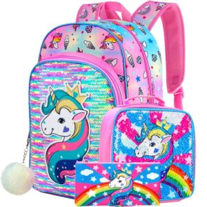 agsdon 3pcs unicorn backpack for girls, 16" little kids sequin preschool school bookbag and lunch box