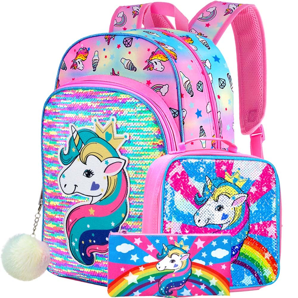 AGSDON 3PCS Unicorn Backpack for Girls, 16" Little Kids Sequin Preschool School Bookbag and Lunch Box