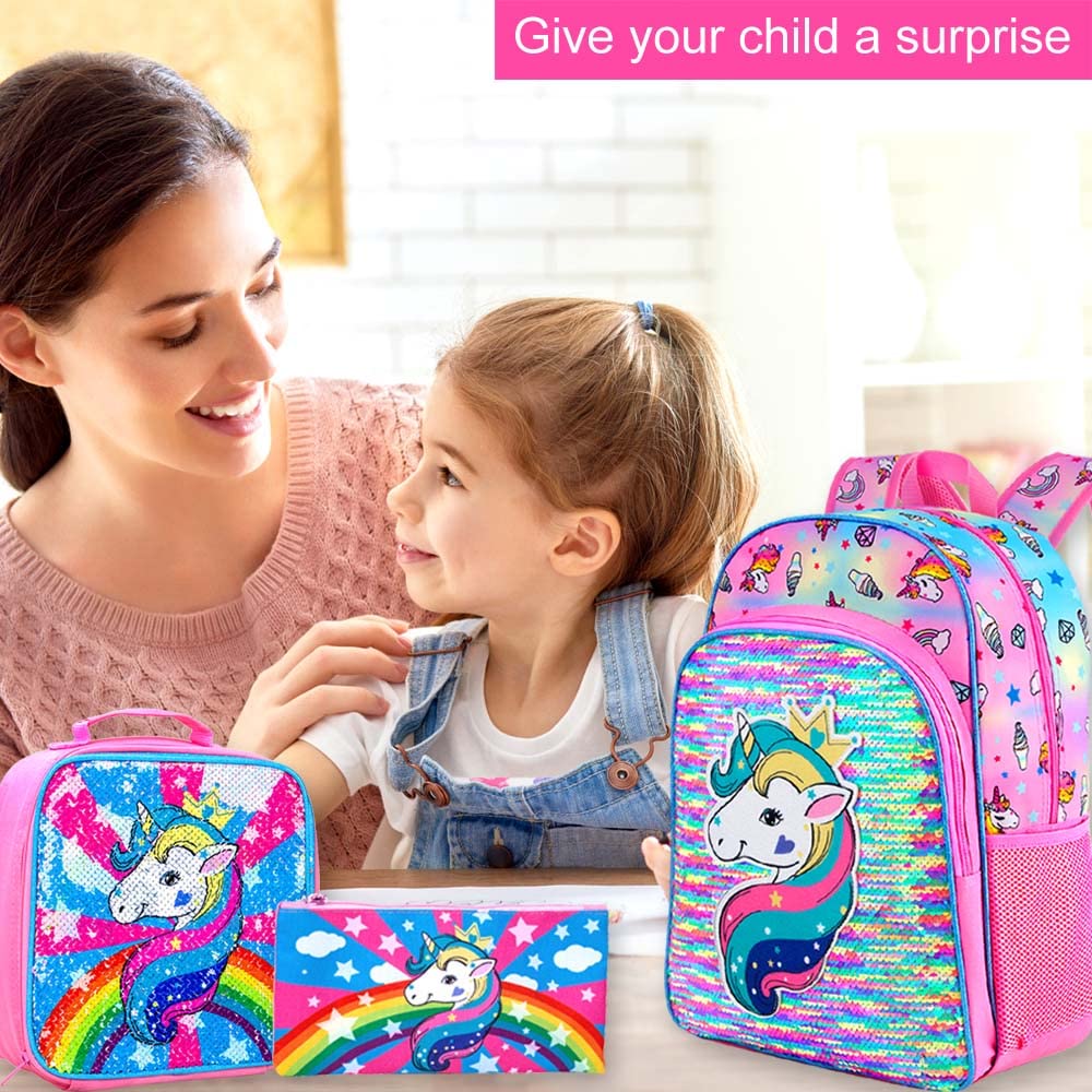 AGSDON 3PCS Unicorn Backpack for Girls, 16" Little Kids Sequin Preschool School Bookbag and Lunch Box