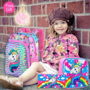 AGSDON 3PCS Unicorn Backpack for Girls, 16" Little Kids Sequin Preschool School Bookbag and Lunch Box
