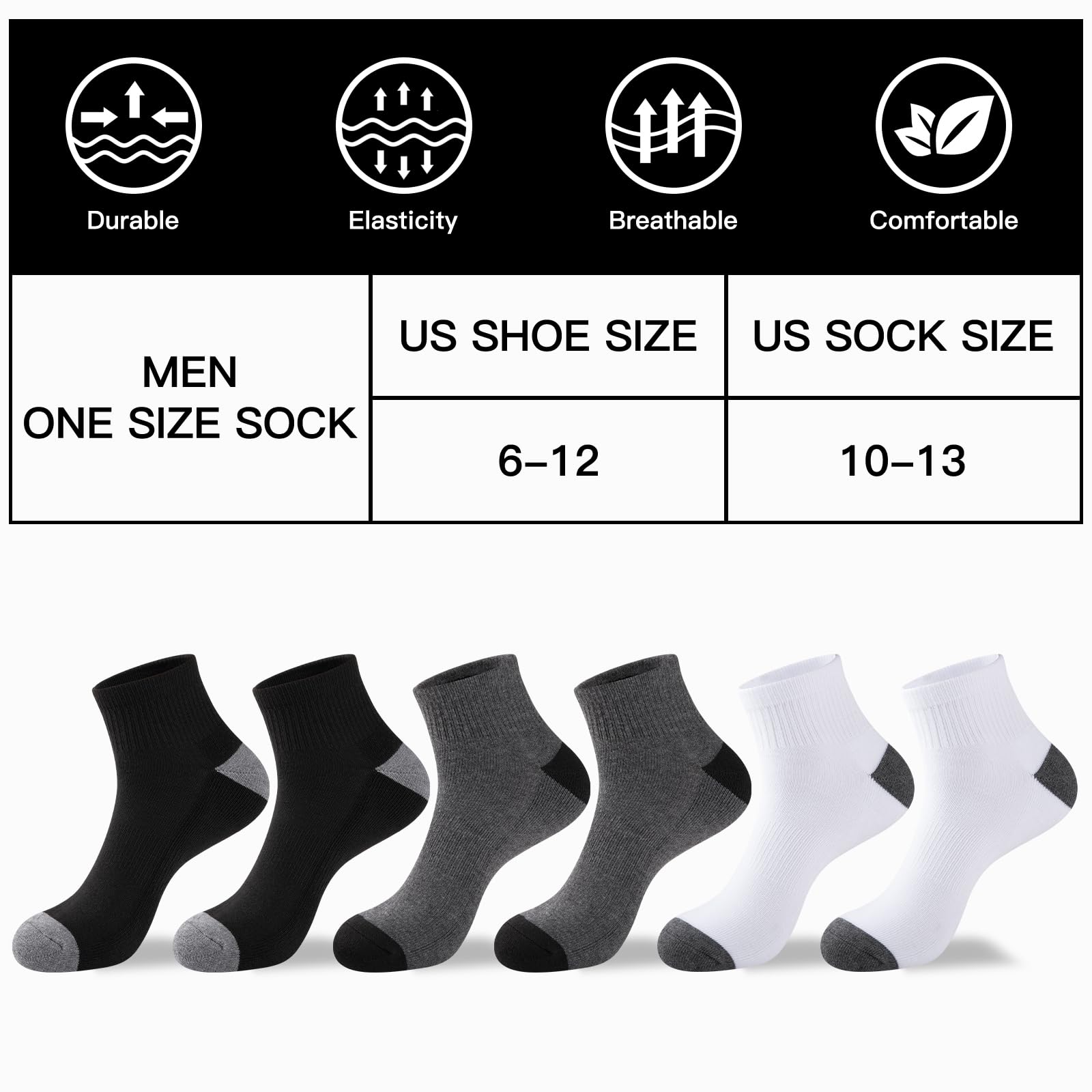 COOVAN 12 Pairs Mens Cushion Ankle Socks Men 12 Pack Low Cut Comfort Breathable Casual Quarter Socks