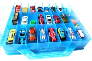 home4 double sided no bpa toy storage container - compatible with mini toys brands, small dolls hot wheels tools crafts - toy organizer carrying case - 48 compartments (blue)