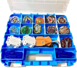 home4 double sided no bpa toy display storage container box - compatible with mini toys, small dolls, tools beyblade - heavy duty organizer carrying case - 34 adjustable compartments (blue)