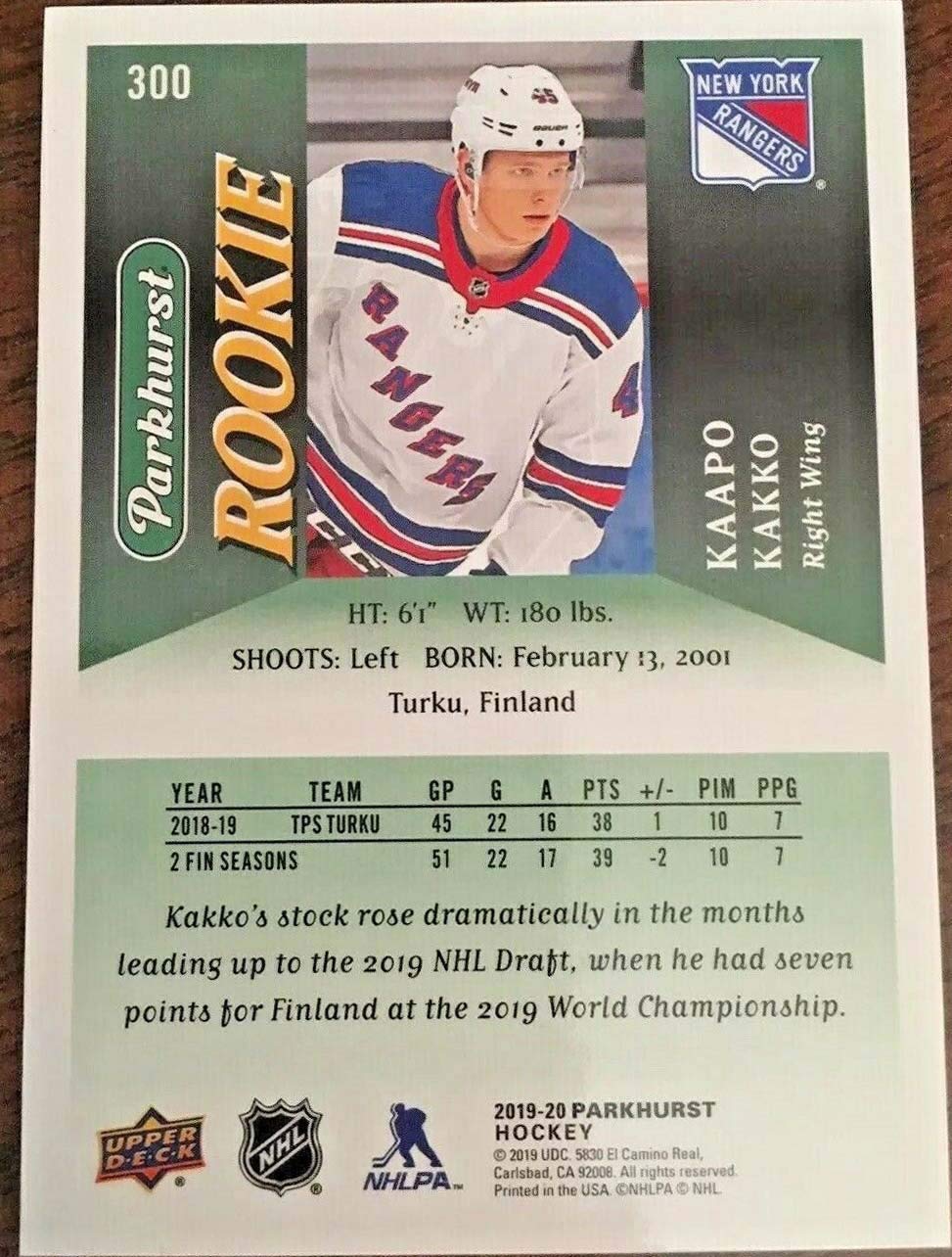 New York Rangers 2019 2020 Upper Deck Factory Sealed 10 Card Team Set Featuring Rookie Card #300 of Kaapo Kakko, the Rangers Top Draft Pick and #2 Overall