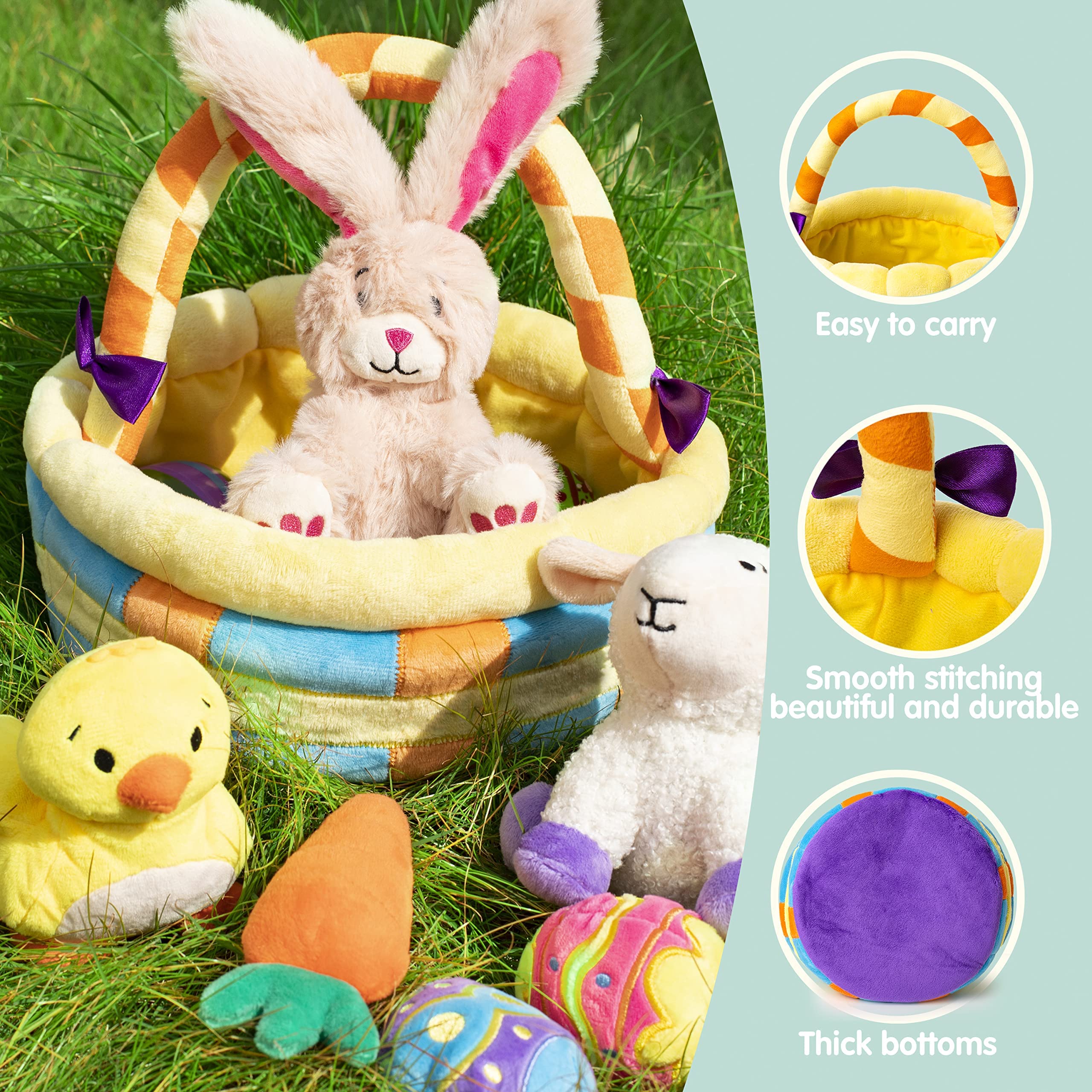 JOYIN 7 Pcs Easter Basket Plushies playset Easter Basket Stuffers Toys for Easter Party Favors Plush Easter Basket for Kids of All Ages