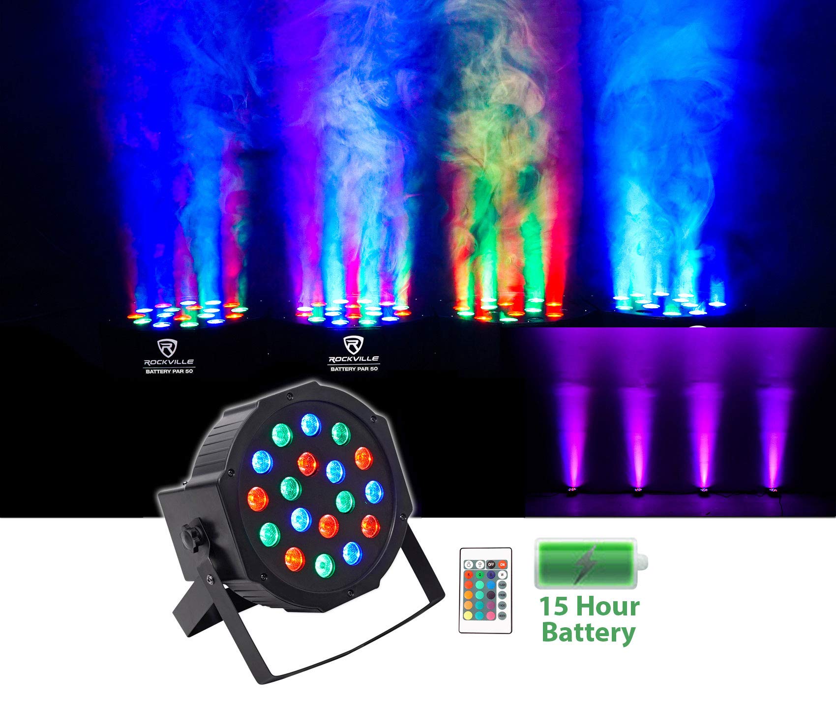 (4) Rockville Battery PAR 50 Rechargeable LED DMX DJ Club Wash Up-Lights+Remote