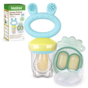 haakaa baby fruit food feeder & mini freezer nibble tray combo, breastmilk popsicle molds for baby cooling relief, bpa free silicone feeder for safe infant self feeding, 4 month+ (blue)