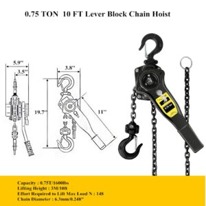 Manual Lever Hoist Come Along 3/4 TON 1650 LBS Capacity 10FT Lift 2 Heavy Duty Hooks Commercial Grade Steel for Lifting Pulling Construction Building Garages Warehouse Automotive Machinery