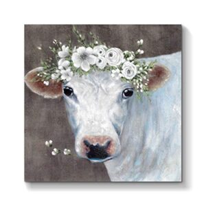 white cow picture wall art: abstract animal artwork painting on canvas for bathroom (12" w x 12" h, multiple sizes/material)